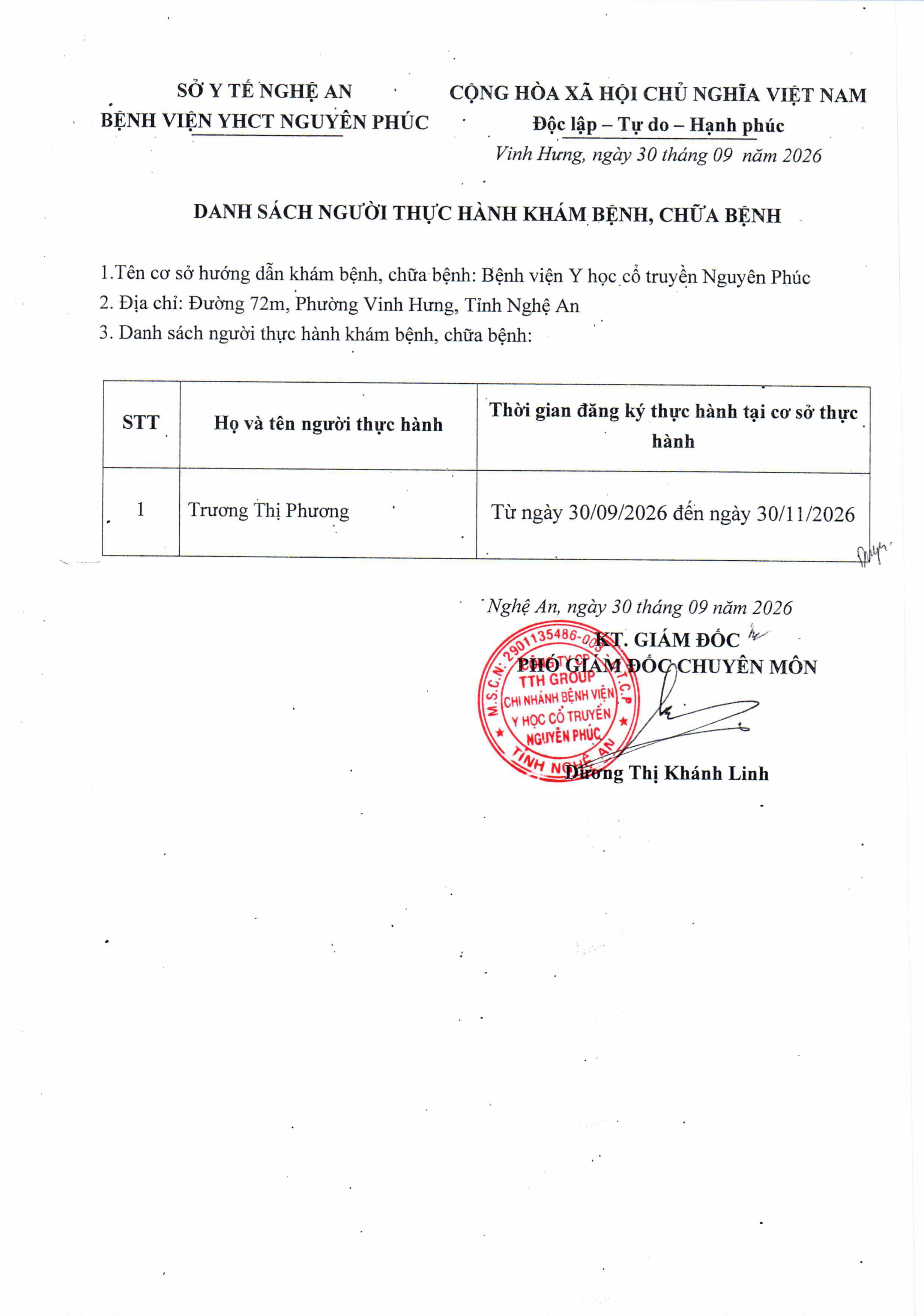 DANH SÁCH NGƯỜI ĐĂNG KÝ THỰC HÀNH KHÁM BỆNH, CHỮA BỆNH 30/09/2026