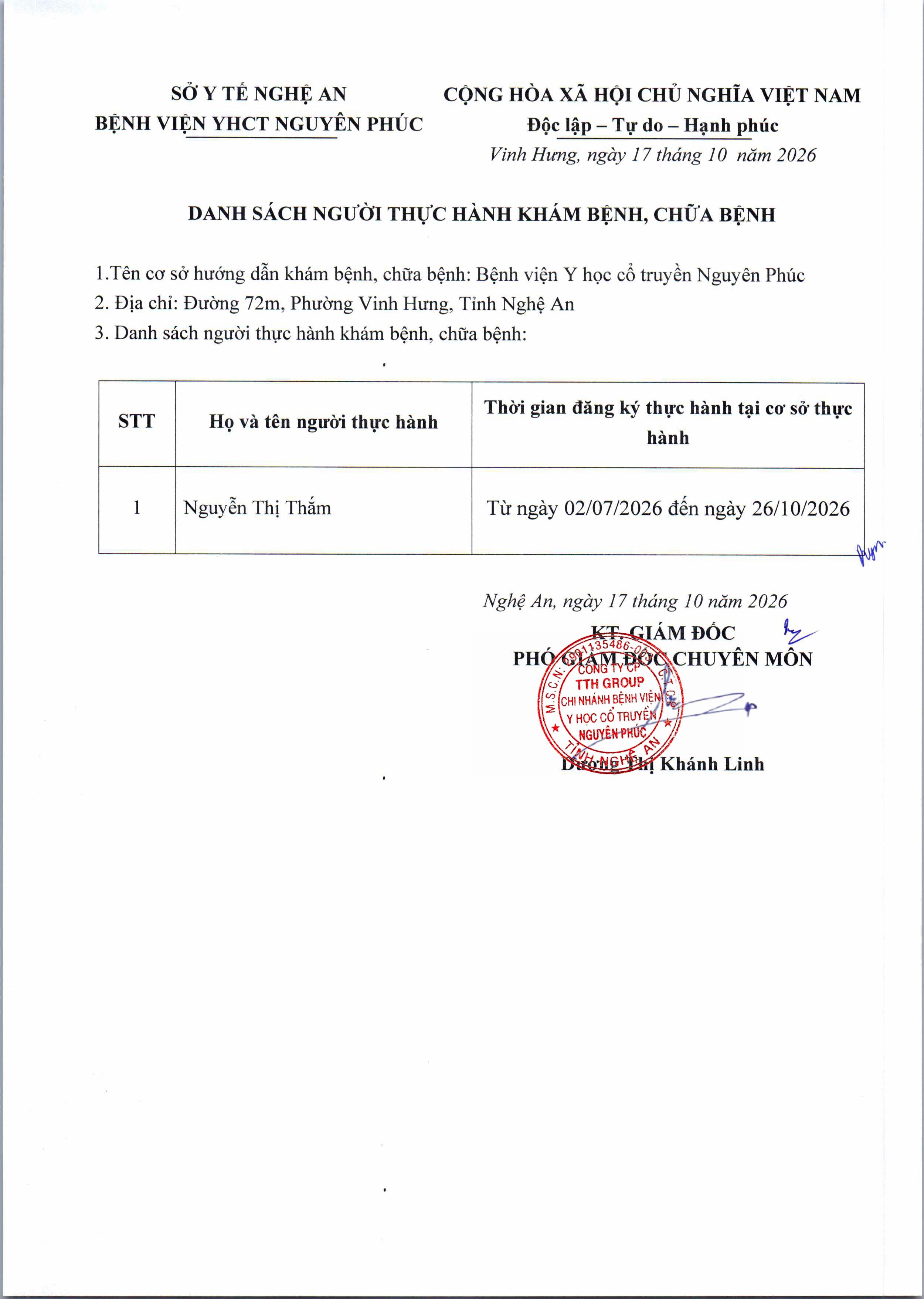 DANH SÁCH NGƯỜI ĐĂNG KÝ THỰC HÀNH KHÁM BỆNH, CHỮA BỆNH 17/10/2026