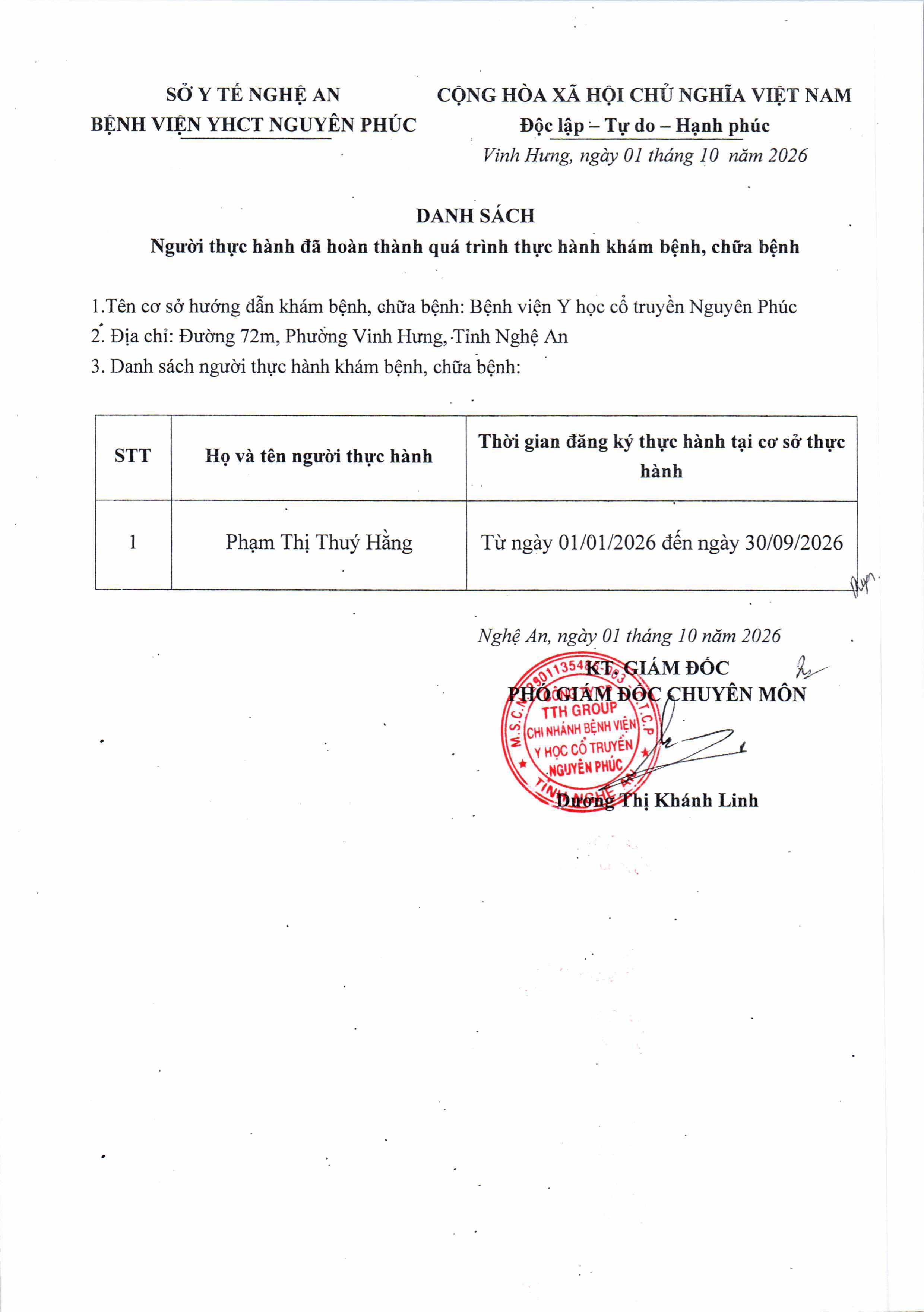 DANH SÁCH NGƯỜI HOÀN THÀNH THỰC HÀNH KHÁM BỆNH, CHỮA BỆNH 01/10/2026
