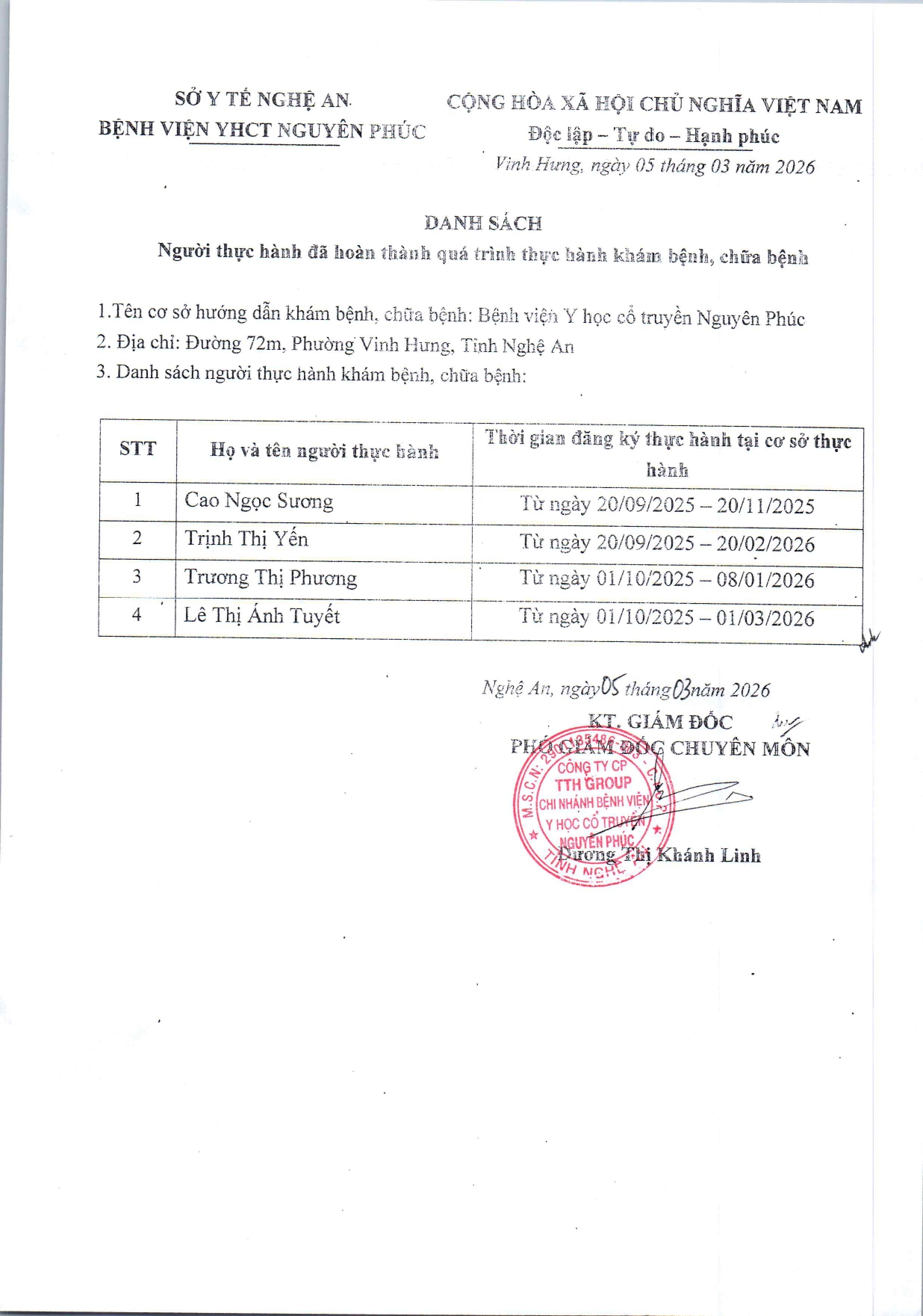 DANH SÁCH NGƯỜI THỰC HÀNH ĐÃ HOÀN THÀNH QUÁ TRÌNH THỰC HÀNH KHÁM BỆNH, CHỮA BỆNH ĐỢT 1