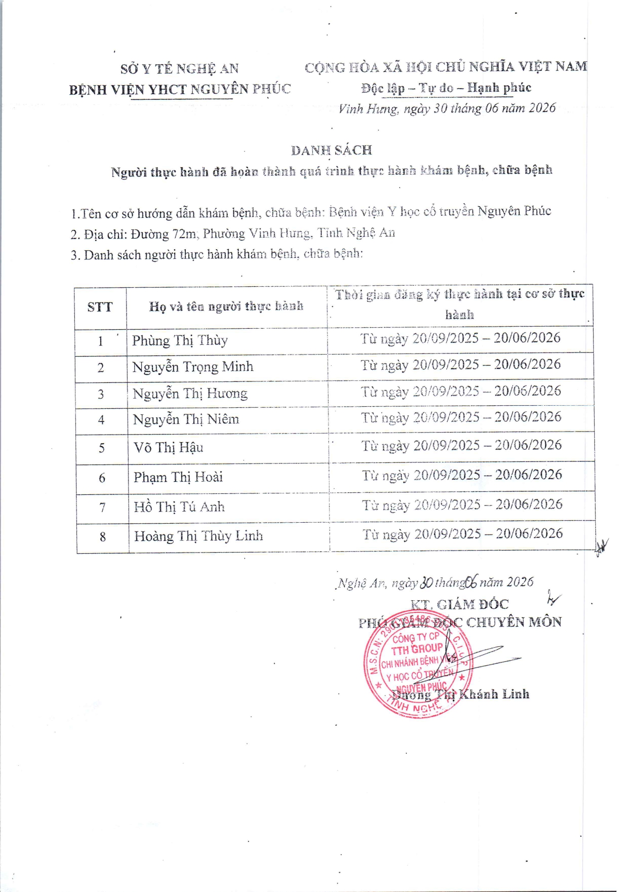 DANH SÁCH NGƯỜI THỰC HÀNH ĐÃ HOÀN THÀNH QUÁ TRÌNH THỰC HÀNH KHÁM BỆNH, CHỮA BỆNH ĐỢT 2