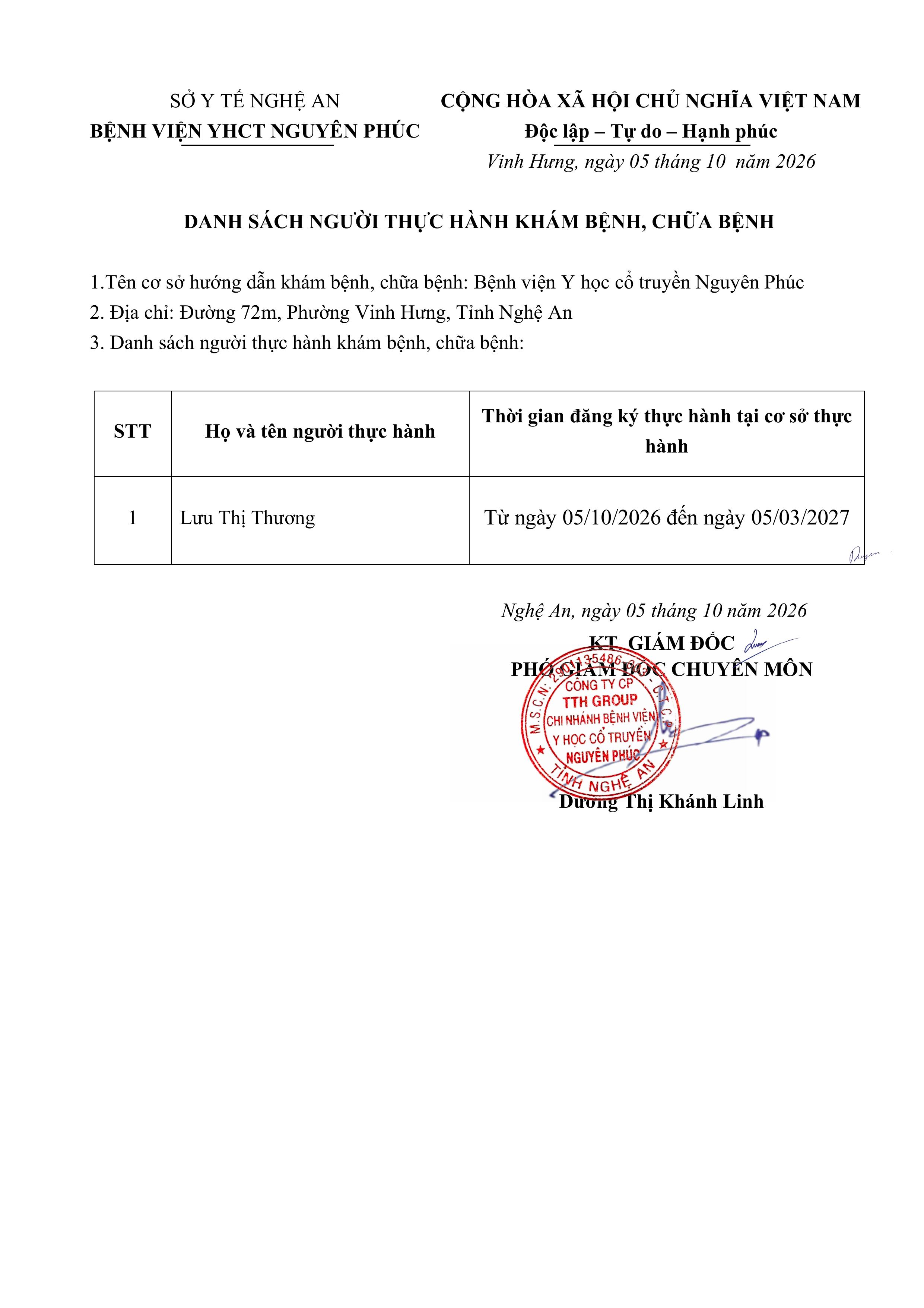 DANH SÁCH NGƯỜI ĐĂNG KÝ THỰC HÀNH KHÁM BỆNH, CHỮA BỆNH 05/10/2026