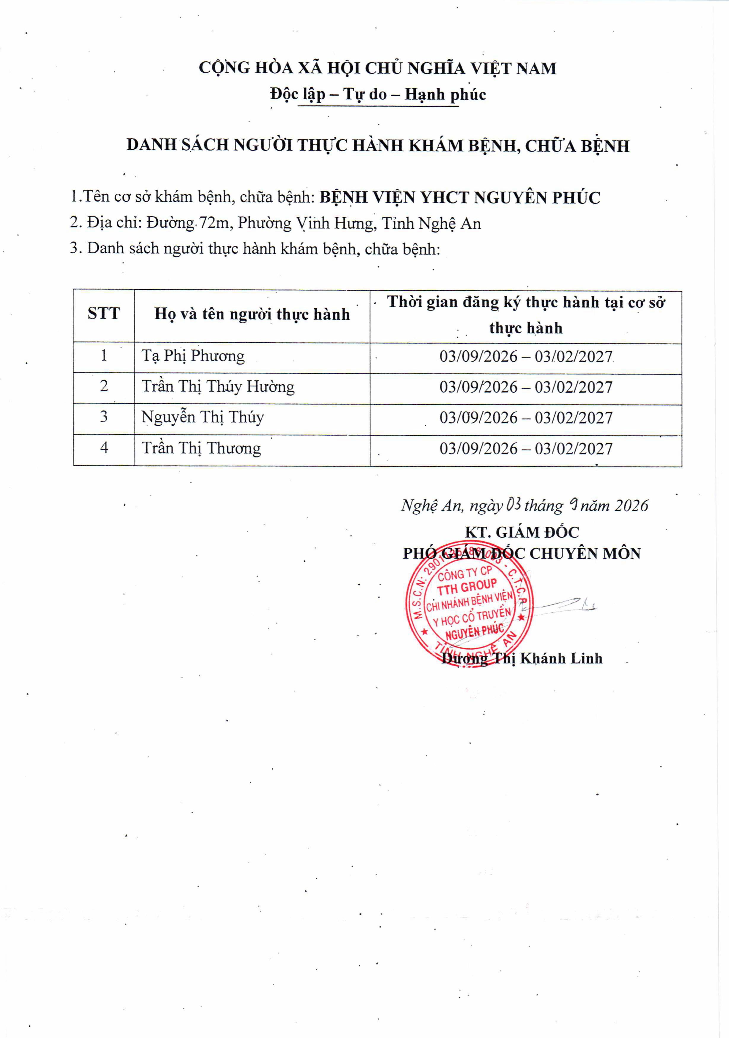 DANH SÁCH NGƯỜI THỰC HÀNH KHÁM BỆNH, CHỮA BỆNH THÁNG 9 NĂM 2026